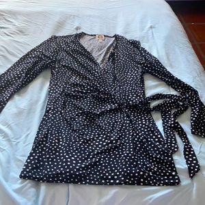 Blouse black w white polka dots. Faux wrap around